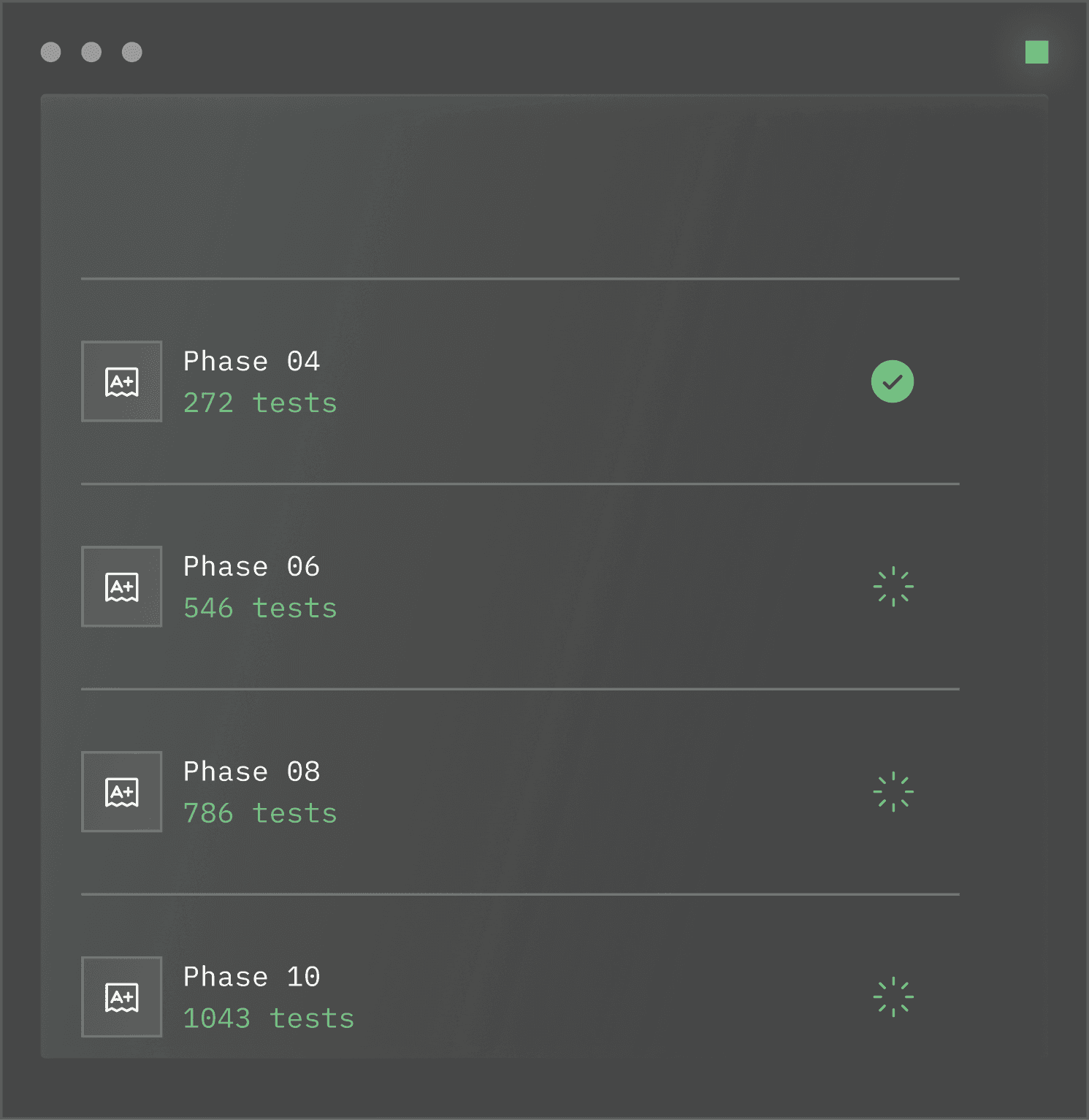 Test phases accumulating