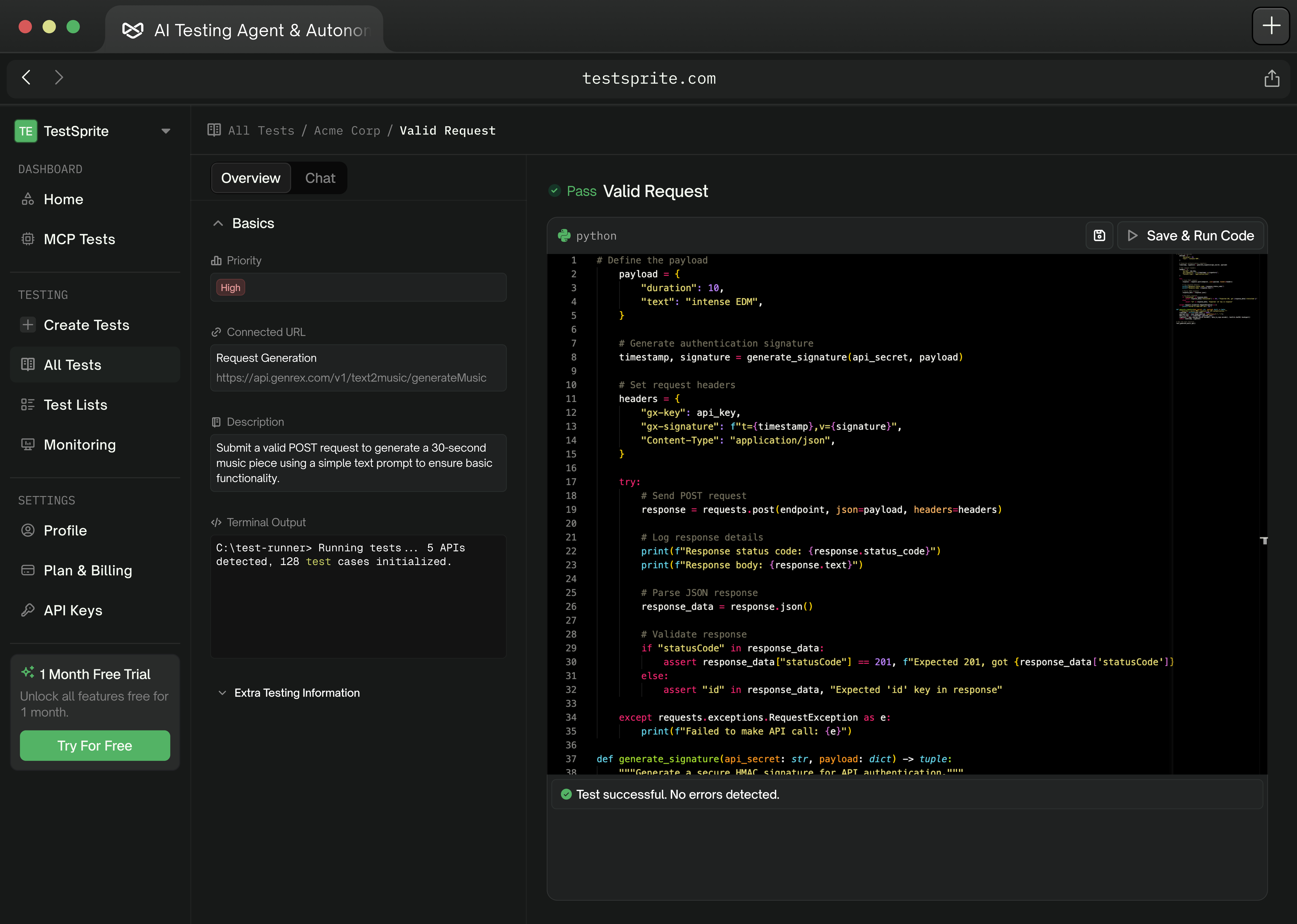 TestSprite back-end testing dashboard